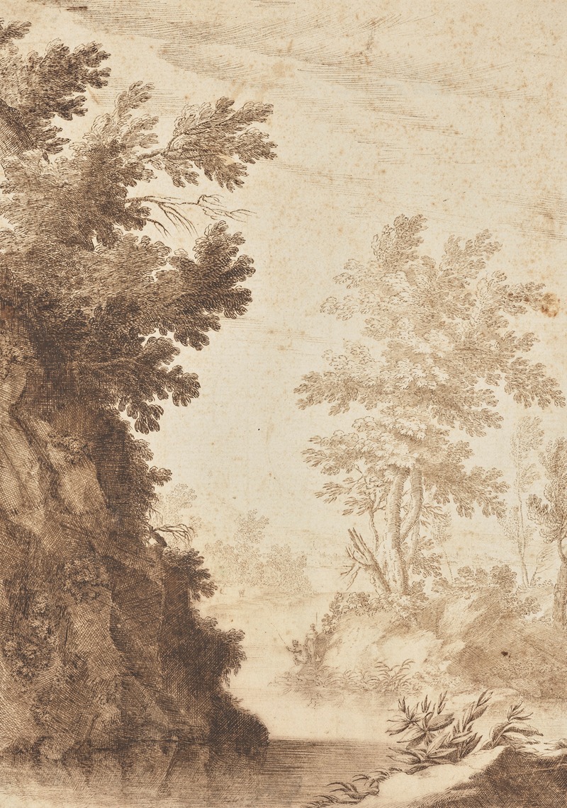 Ludovico Mattioli - A rocky river landscape with a distant town