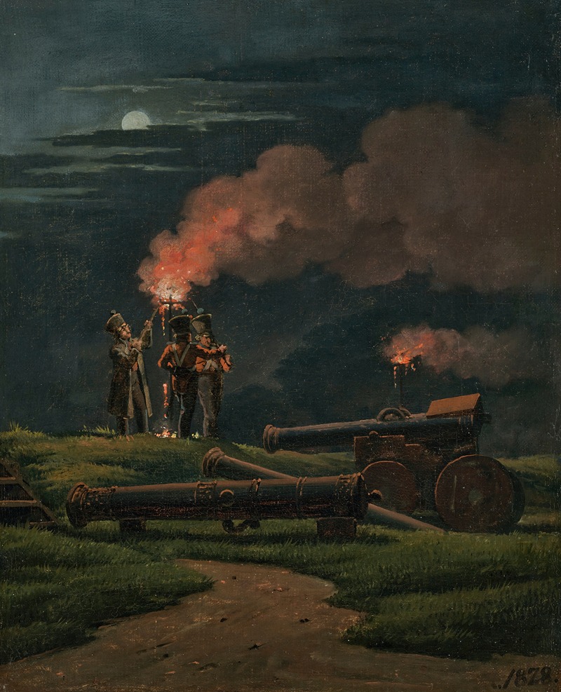 Martinus Rørbye - Artillerymen on guard at the Citadel of Copenhagen with Pitch Torches lit on the Occasion of the Crownprince Frederik (VII) marrying Princess Wilhelmina