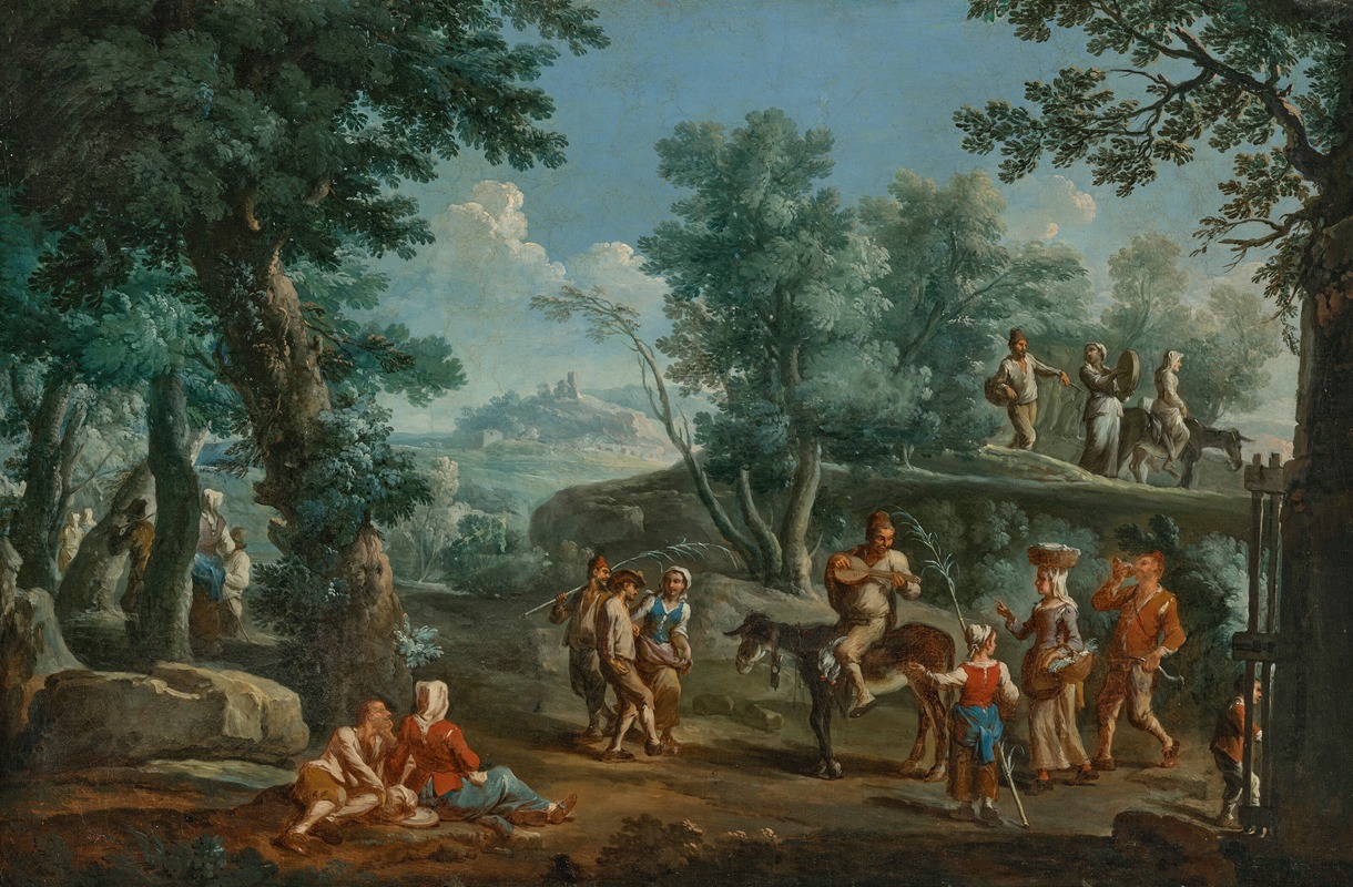 Paolo Monaldi - Villagers playing music, dancing and resting, in a wooded, mountainous landscape