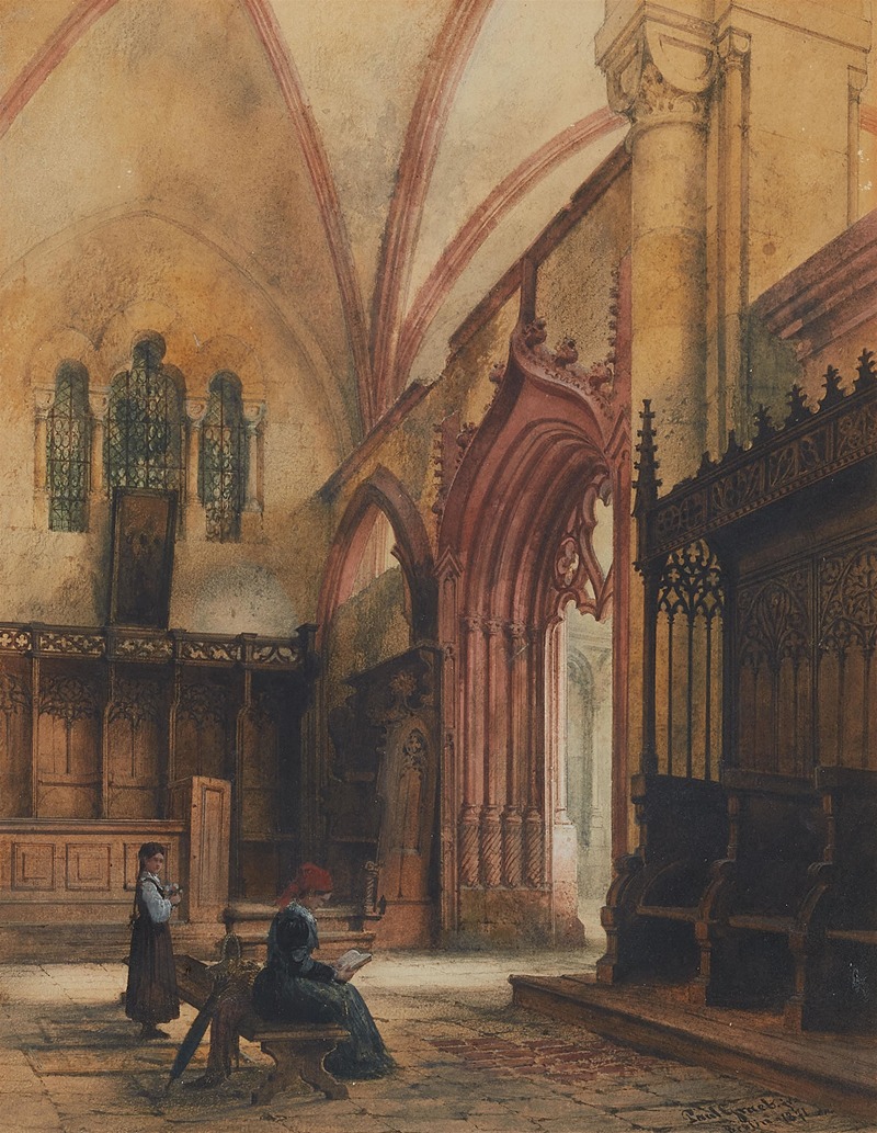 Paul Graeb - Eine Frau und ein junges Mädchen in einem gotischen Kirchenraum betend