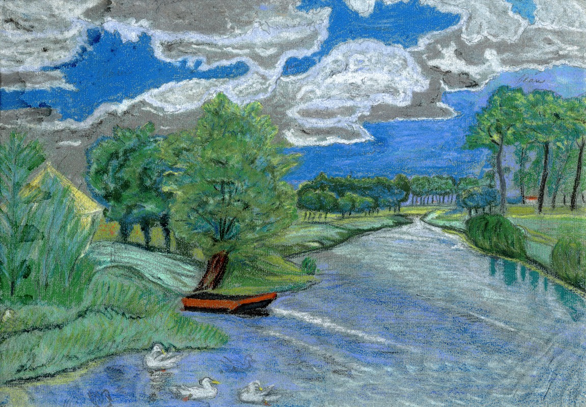Pol De Mont - Landschap met een rivier en hooimijt