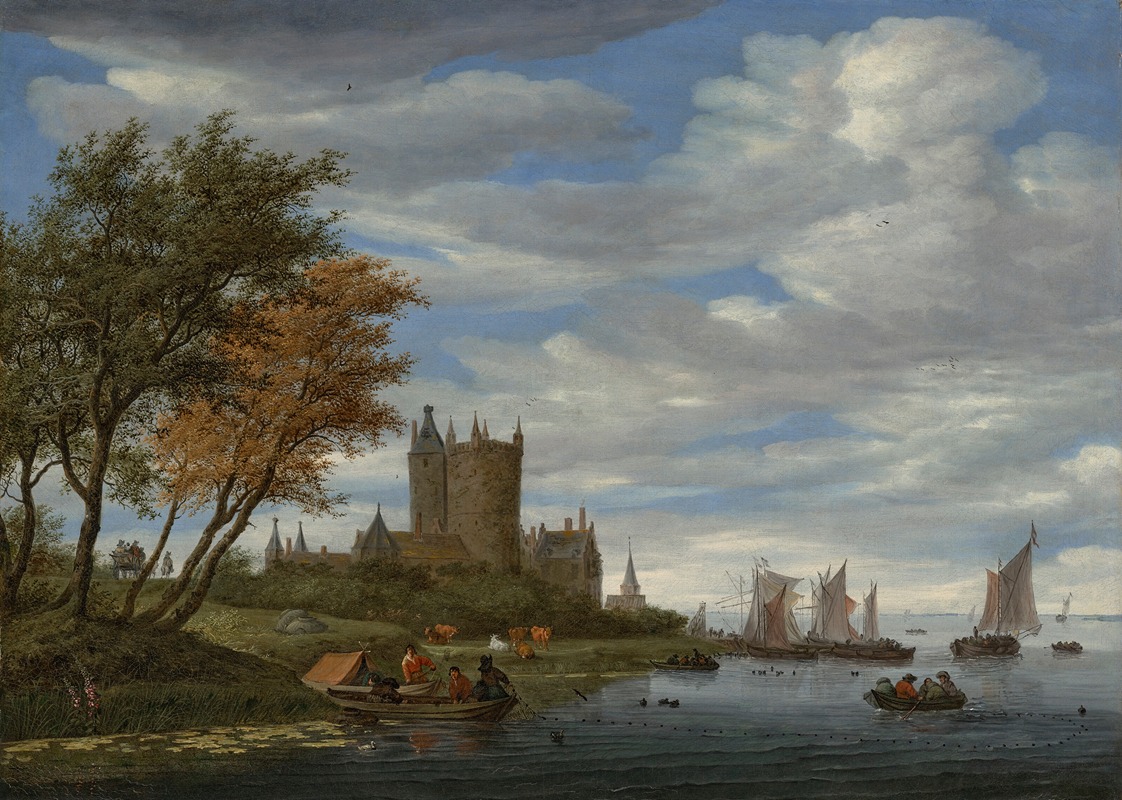 Salomon van Ruysdael - A river estuary with sailboats and fishermen pulling in nets, a fortified castle and horse-drawn wagon on the bank