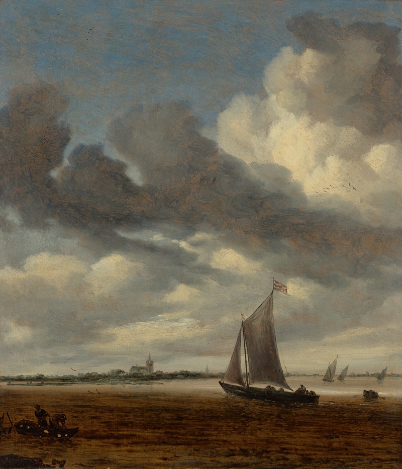 Salomon van Ruysdael - A smalschip in an estuary with two fishermen in the foreground