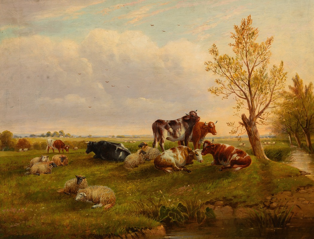 Thomas Sidney Cooper - Cows and sheep resting beside a stream