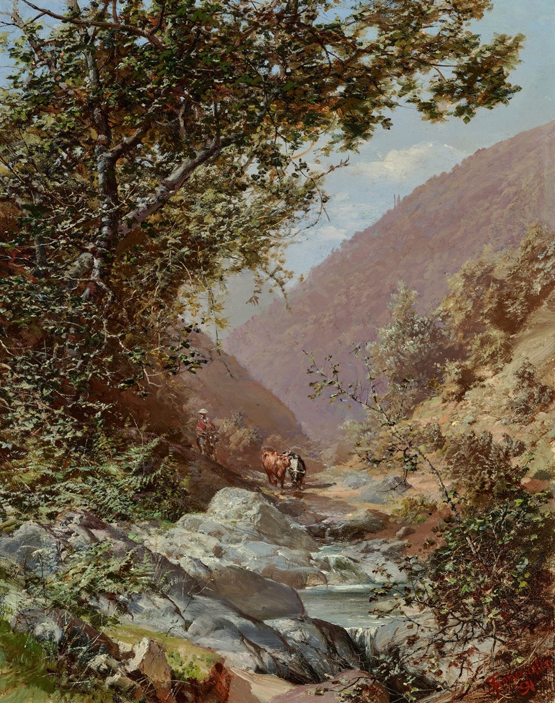 Thomas Somerscales - A muleteer and two oxen; a valley in the Andes
