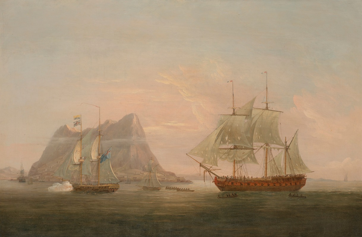 Thomas Whitcombe - ‘Liguria’ being taken into Gibraltar by H.M. Brig ‘Espoir’, 7 August 1798