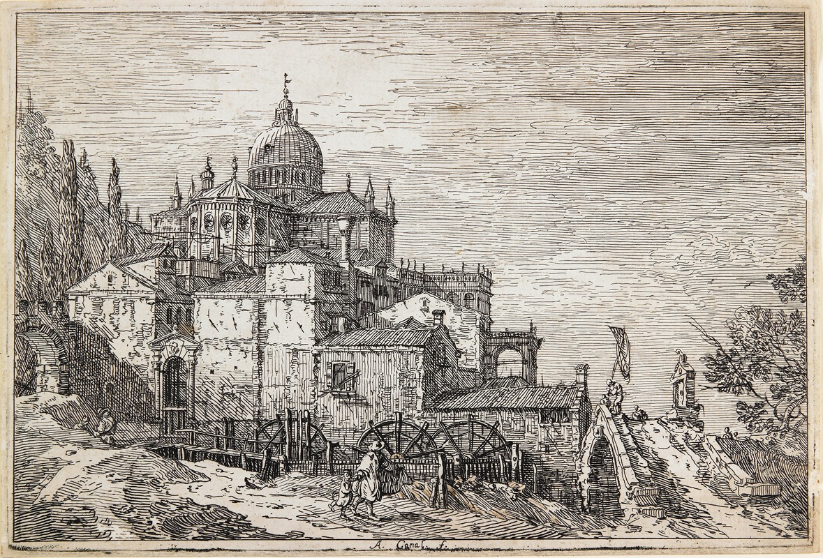 Canaletto - Landscape with a Church, Houses and a Mill