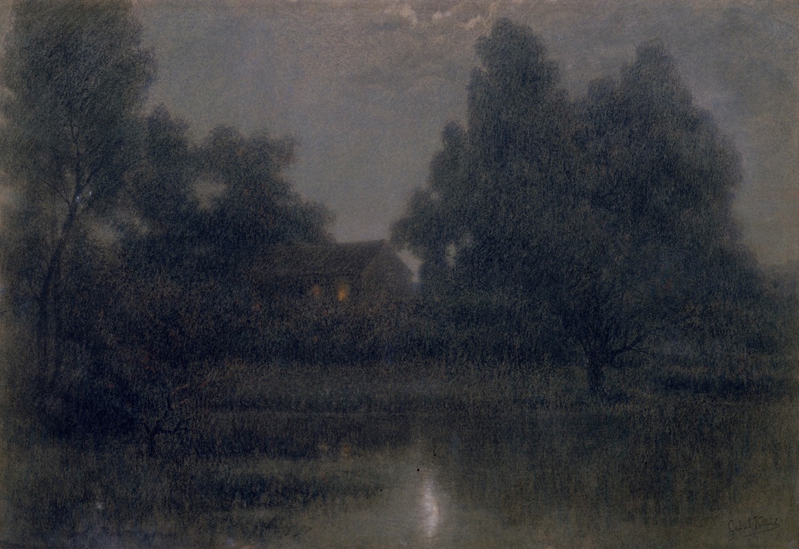 Gabriel Villard - Moonlight Scene with House, Lake and Trees