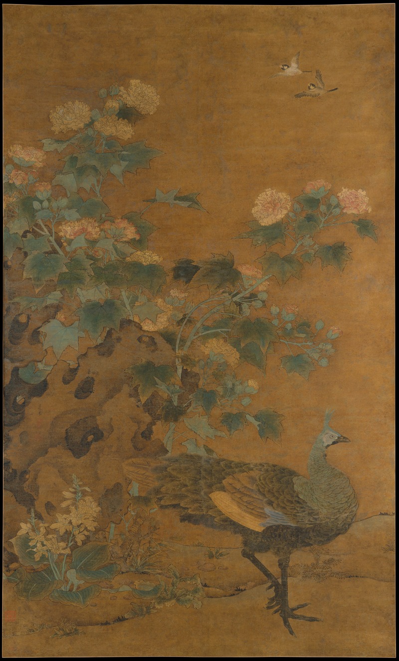 Bian Lu - Peahen and hibiscus