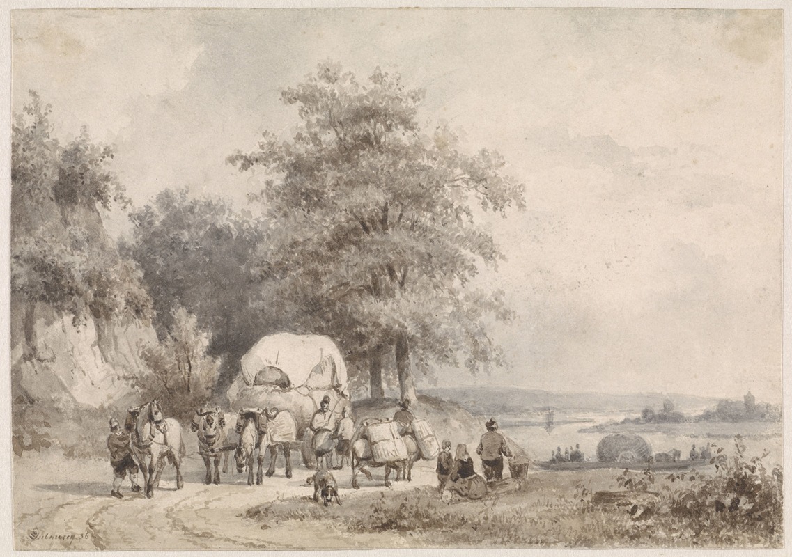 Pierre Louis Dubourcq - Landschap met hooiwagen