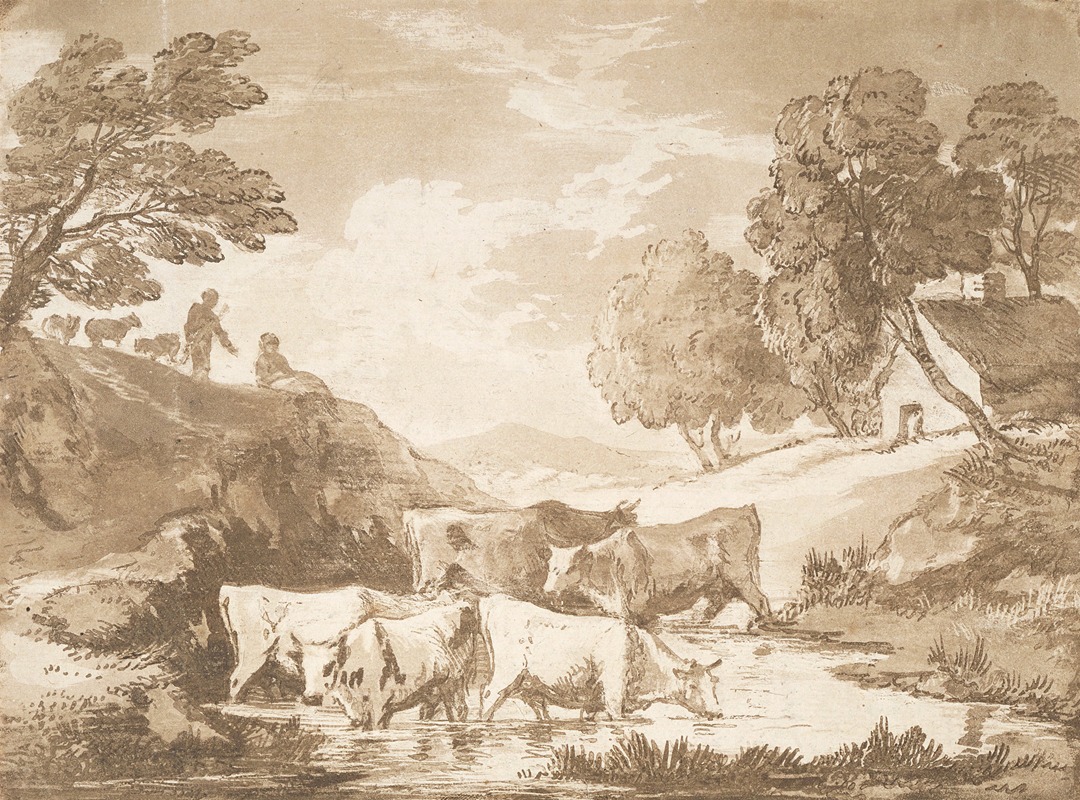 Thomas Gainsborough - Wooded Landscape with Cows at a Watering Place, Figures and Cottage