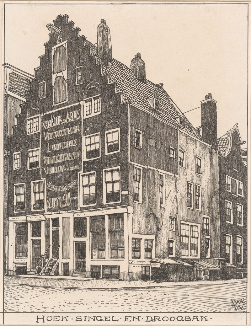 Willem Wenckebach - Het Spaanse Huis op hoek Singel en Droogbak te Amsterdam