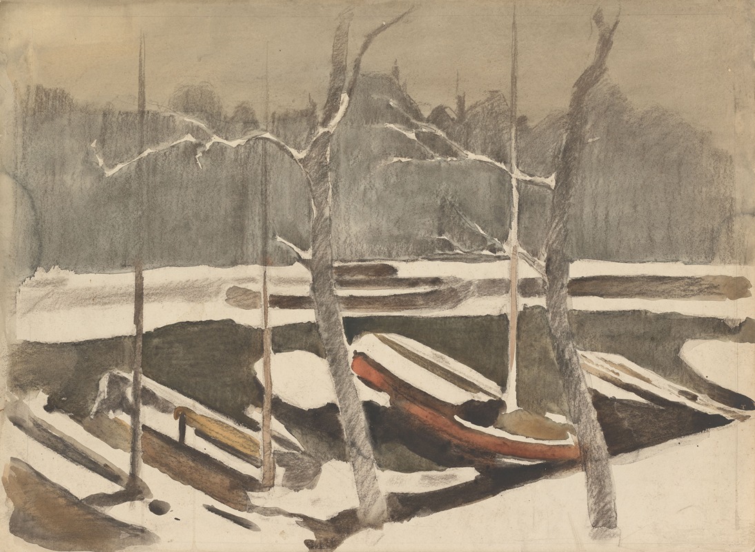 Willem Witsen - Gemeerde schuiten aan een besneeuwde grach