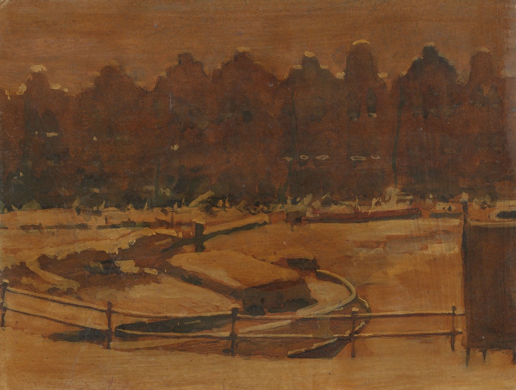 Willem Witsen - Pakhuizen aan een Amsterdamse kade in de sneeuw