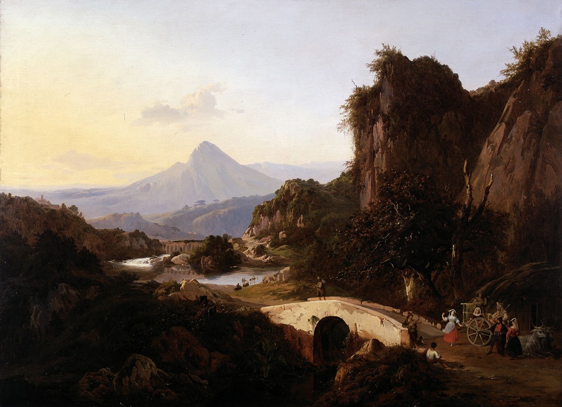 Edouard De Vigne - Italian Landscape with Dancing Figures