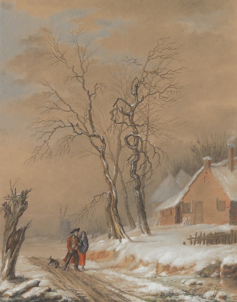 Eugène Joseph Verboeckhoven - Winter landscape with two figures and a dog