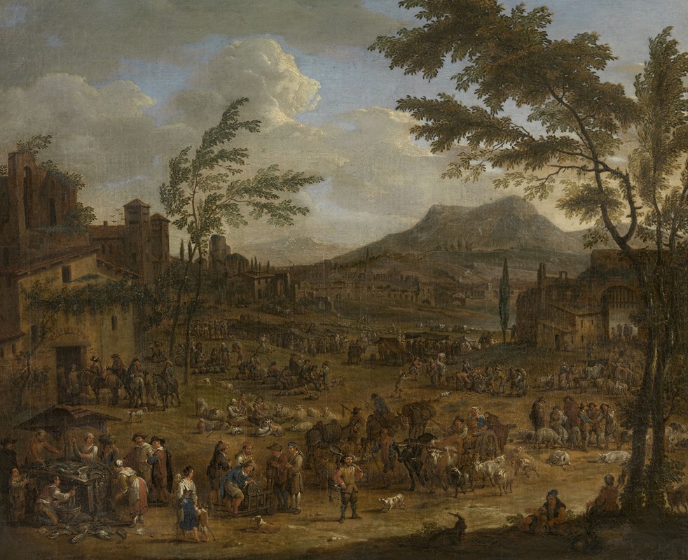 Peeter van Bredael - Italianate Landscape with Market Scene