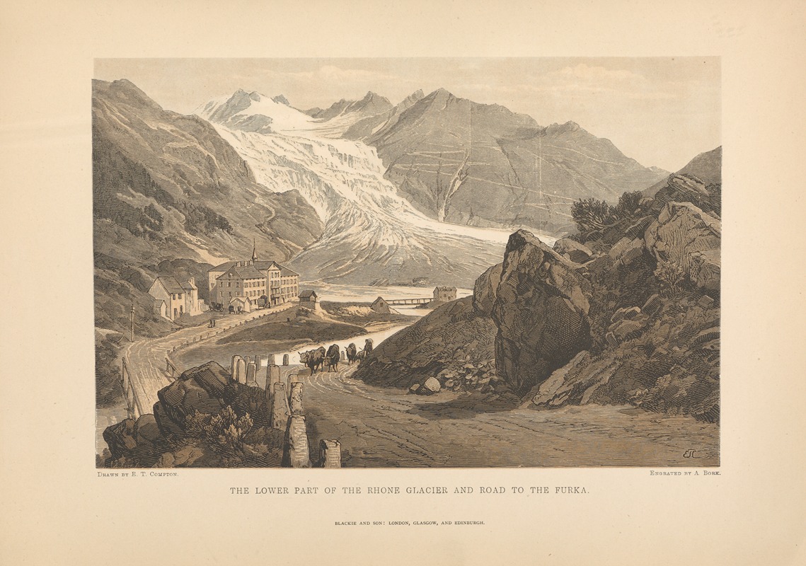 Theodor Gsell Fels - E. T. Compton – The Lower Part of the Rhone Glacier and Road to Furka