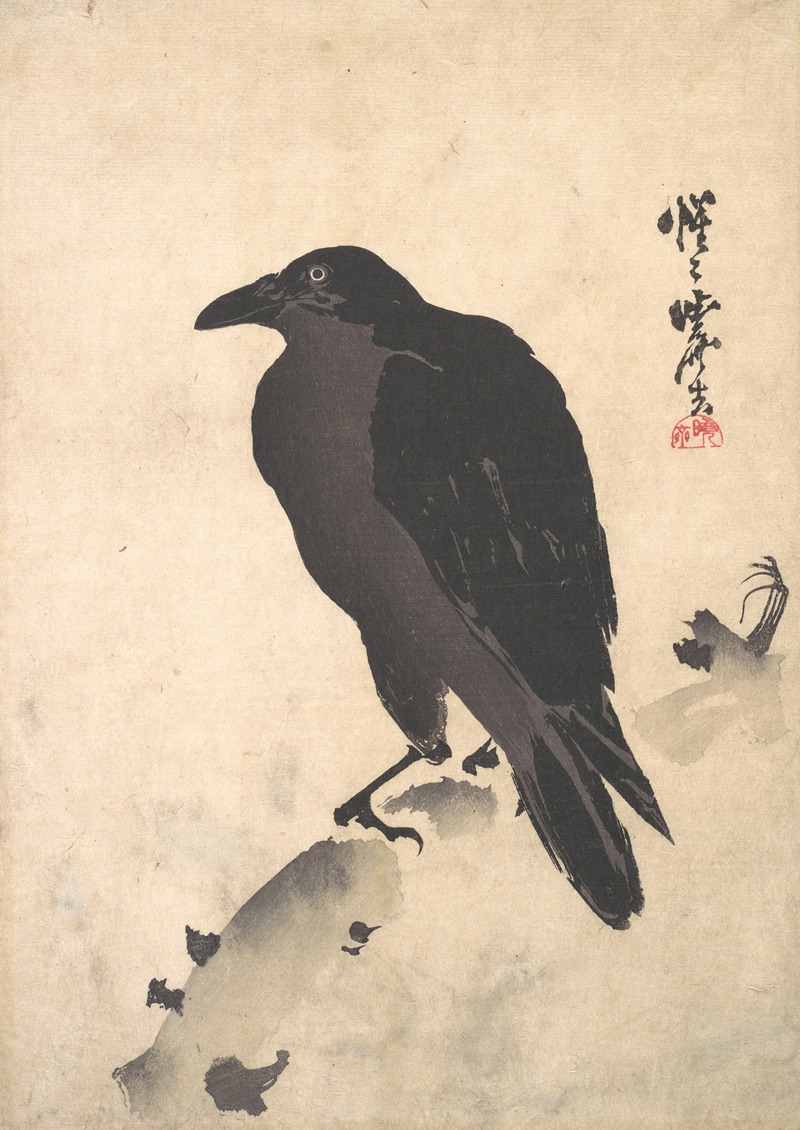 Kawanabe Kyōsai - Crow Resting on Wood Trunk