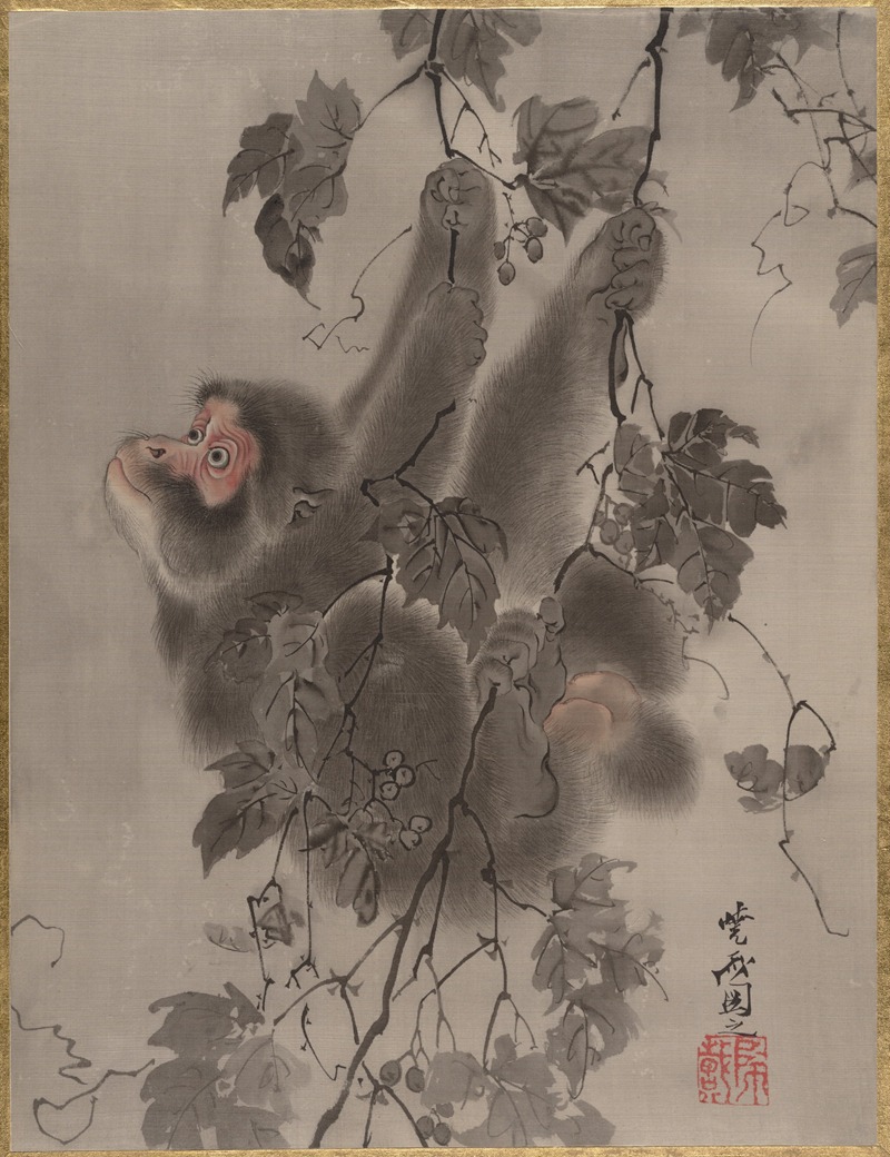 Kawanabe Kyōsai - Monkey Hanging from Grapevines