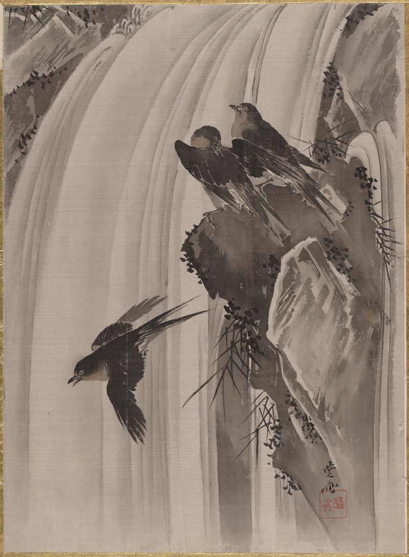 Kawanabe Kyōsai - Swallows by a Waterfall