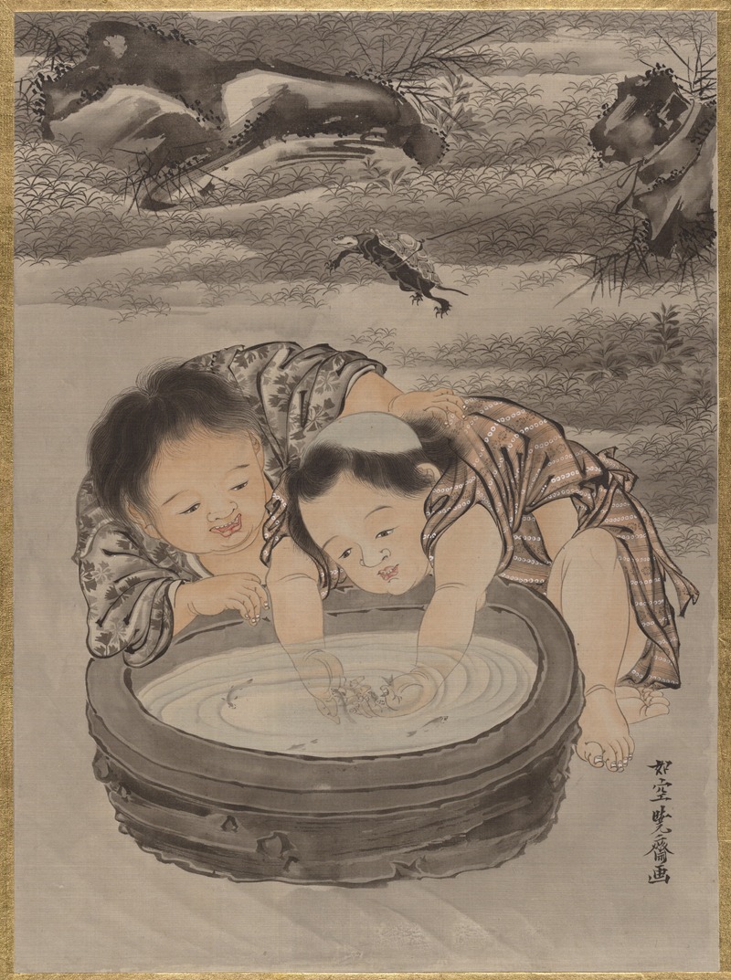 Kawanabe Kyōsai - Two Children Playing with Goldfish