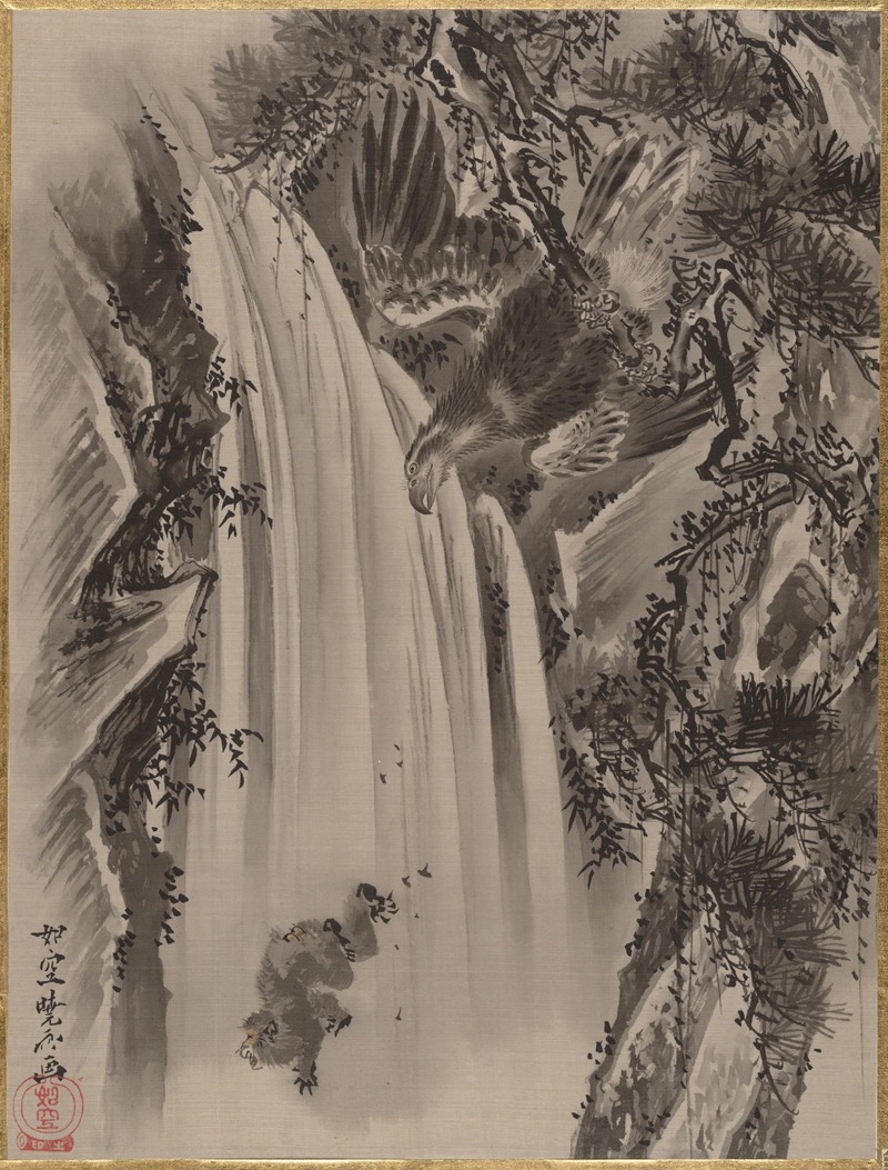 Kawanabe Kyōsai - Waterfall, Eagle and Monkey