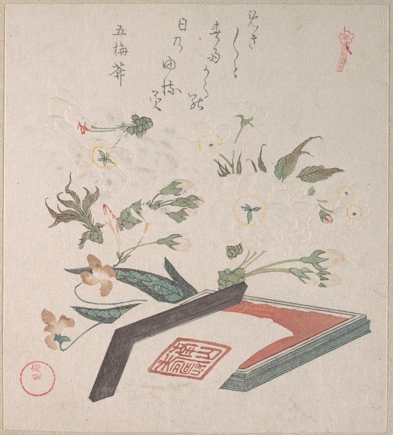 Kubo Shunman - Cherry Blossoms and Seal-box with Ink and Ruler