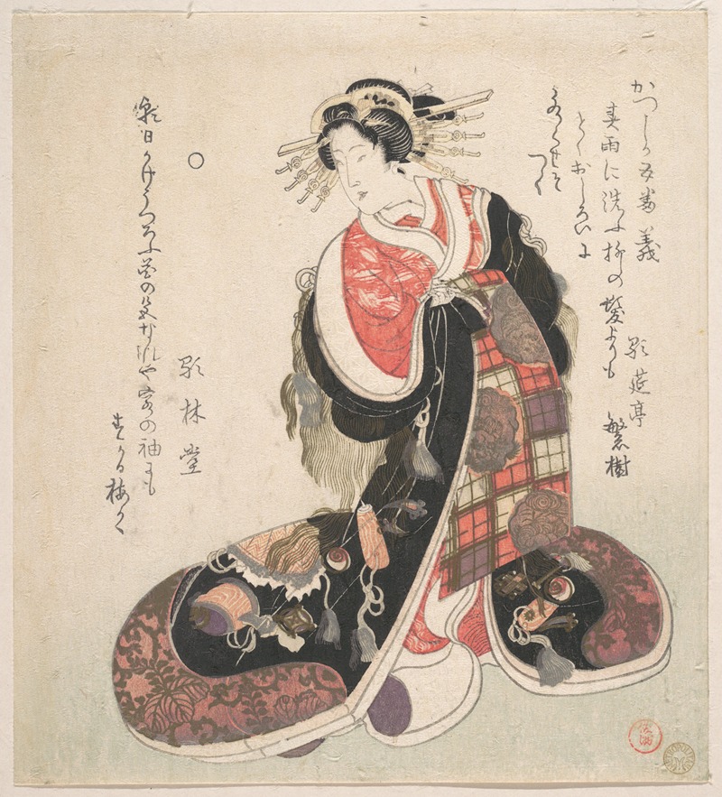 Kubo Shunman - Courtesan Dressed in an Elaborate Gown Embroidered with Emblems of Good Luck