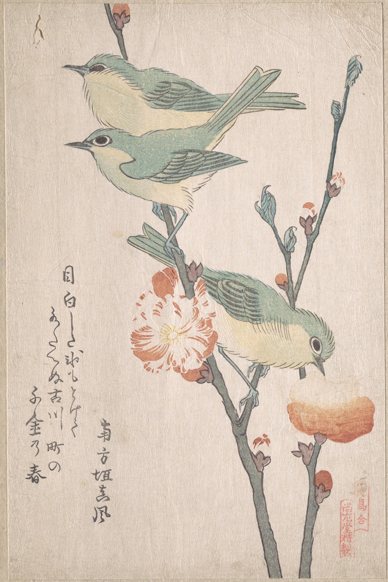 Kubo Shunman - Japanese White-eyes on a Branch of Peach Tree