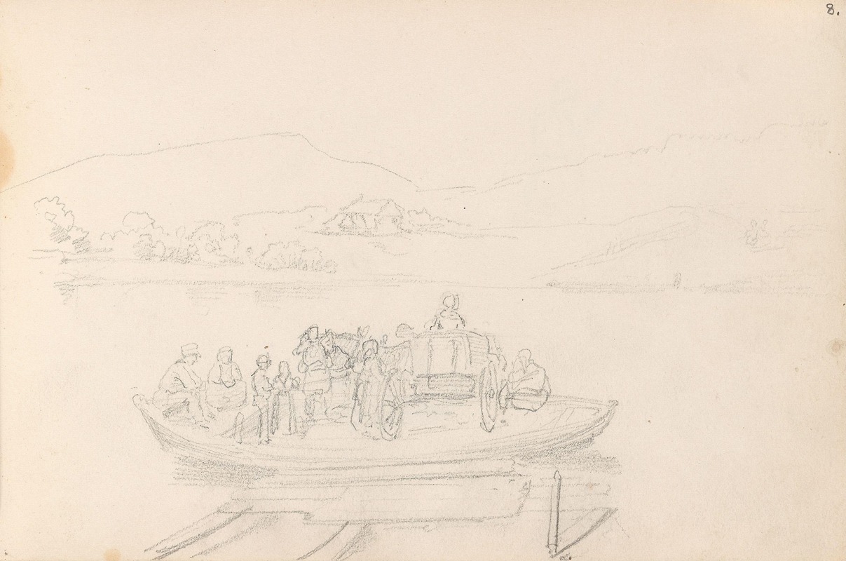 Adolph Tidemand - Båt med hest, vogn og figurer, Vormsund
