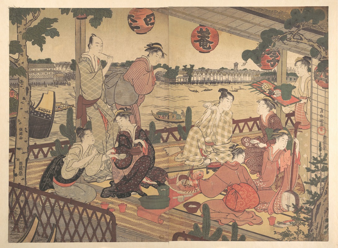 Kubo Shunman - Two Young Men and Several Women Dining at a Tea-house on the Bank of the Sumida River