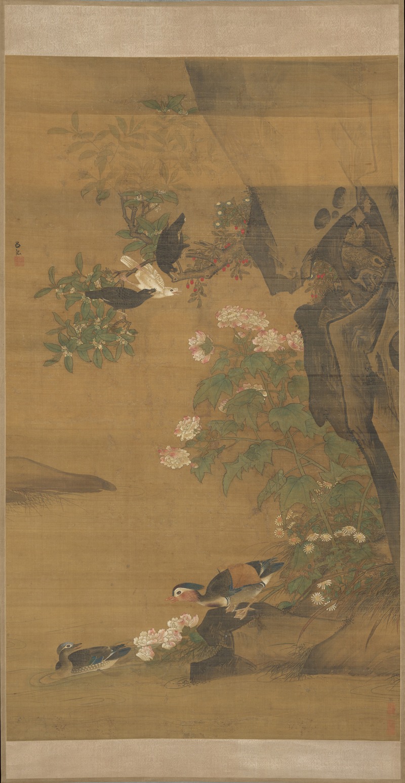 Lü Ji - Mandarin ducks and cotton rose hibiscus