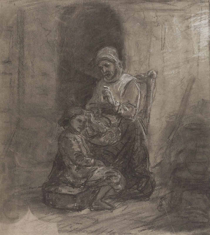 Adolph Tidemand - Gammel kone og liten gutt i interiør
