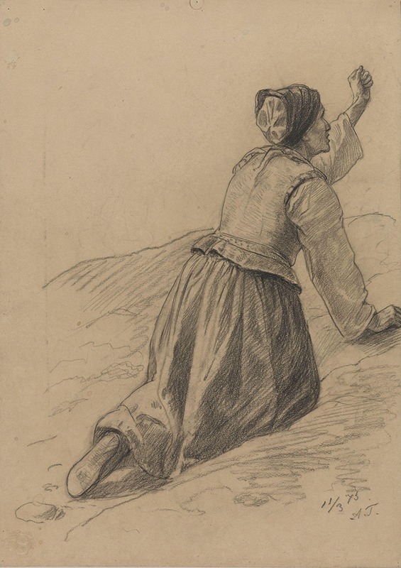 Adolph Tidemand - Gammel kone på kne med knyttet hånd