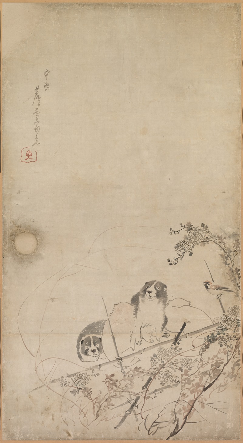 Nagasawa Rosetsu - Puppies, Sparrows, and Chrysanthemums