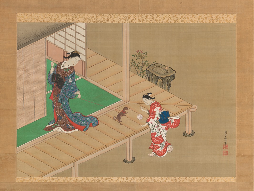 Nishikawa Sukenobu - Courtesan and Attendant Playing with a Dog