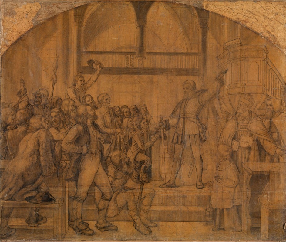 Adolph Tidemand - Gustav Vasa taler til Dalalmuen i Mora kirke