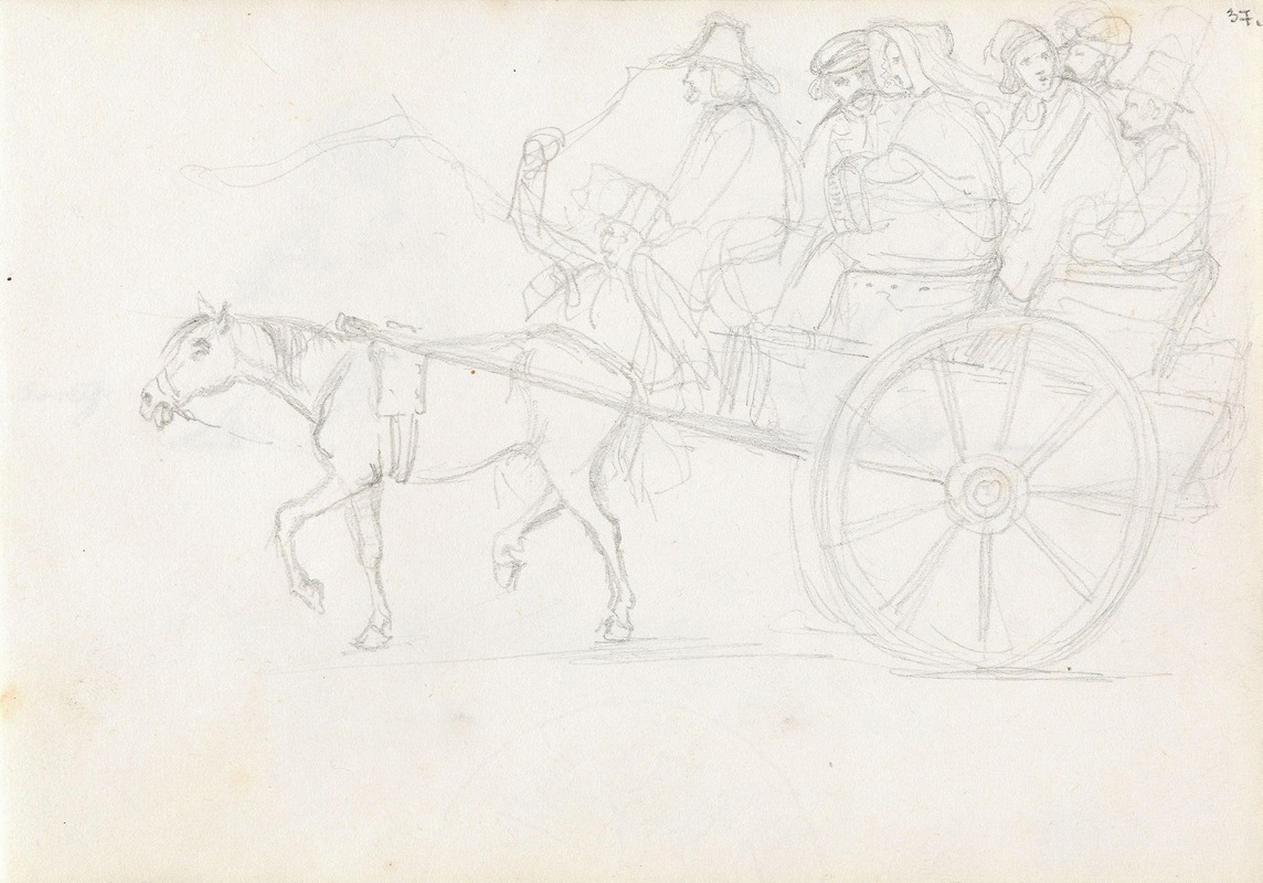 Adolph Tidemand - Hest og vogn med passasjerer