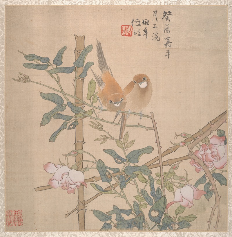 Ren Yi - Two Birds Perched on a Flowering Rose Bush