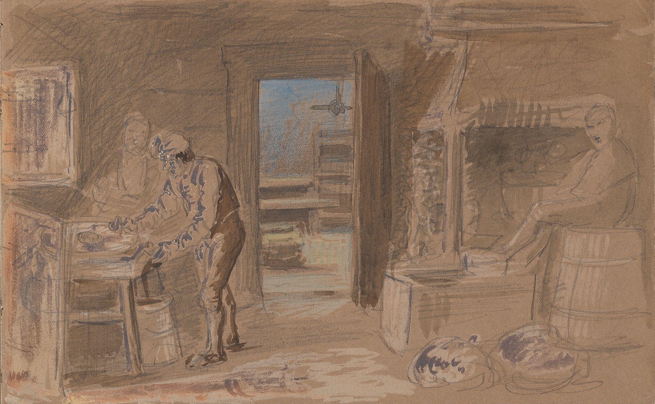 Adolph Tidemand - Kitchen interior with figures