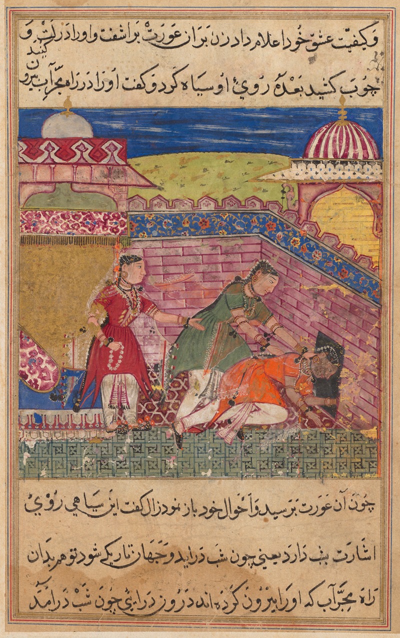 Shravana - The deceitful wife ejects the procuress after blackening her face, from a Tuti-nama (Tales of a Parrot); Eighth Night