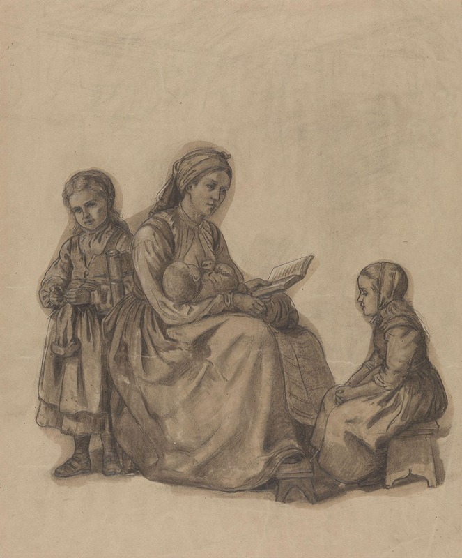 Adolph Tidemand - Kvinne med spedbarn som leser for to småpiker