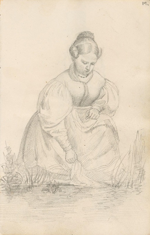Adolph Tidemand - Kvinne på huk i gresset