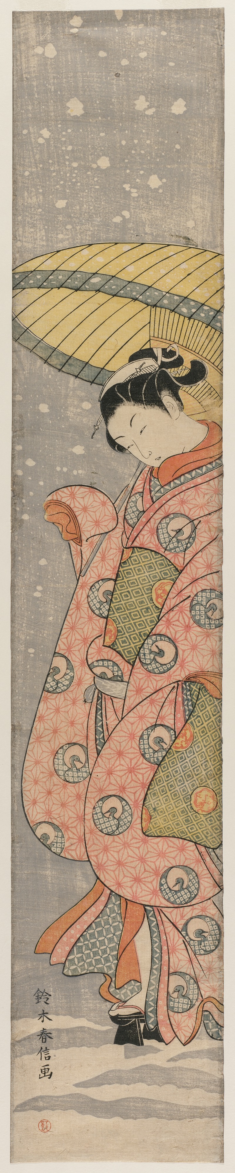 Suzuki Harunobu - Young Woman Standing Under an Umbrella in the Snow