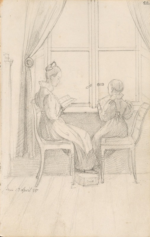 Adolph Tidemand - Lesende kvinne og barn ved et vindu