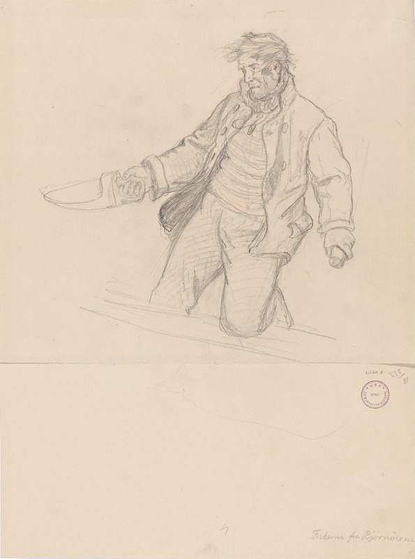 Adolph Tidemand - Mann på kne med øsekar i høyre hånd