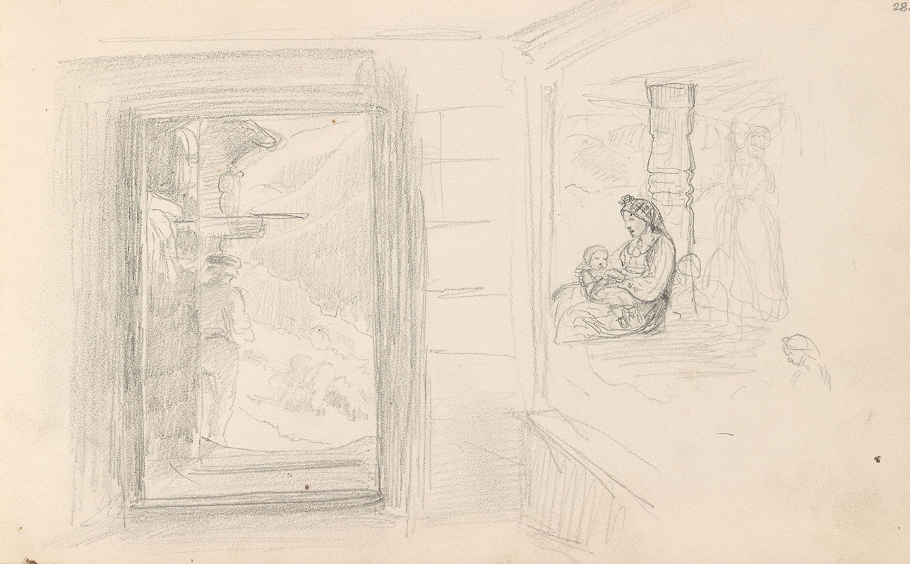 Adolph Tidemand - Mannsfigur i døråpning; kvinne med barn