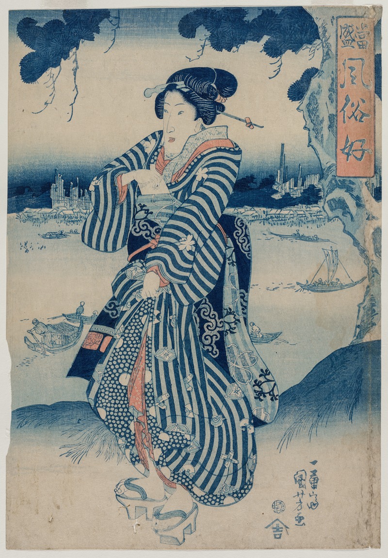 Utagawa Kuniyoshi - Geisha Standing on the Bank of the Sumida River