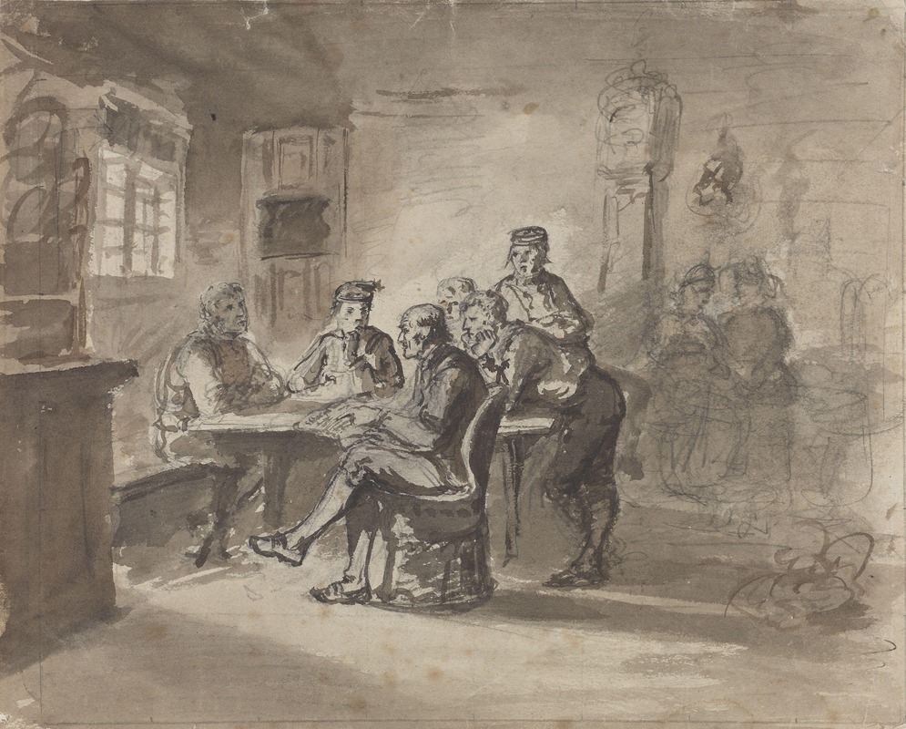 Adolph Tidemand - Menn i samtale rundt bord i bondestue